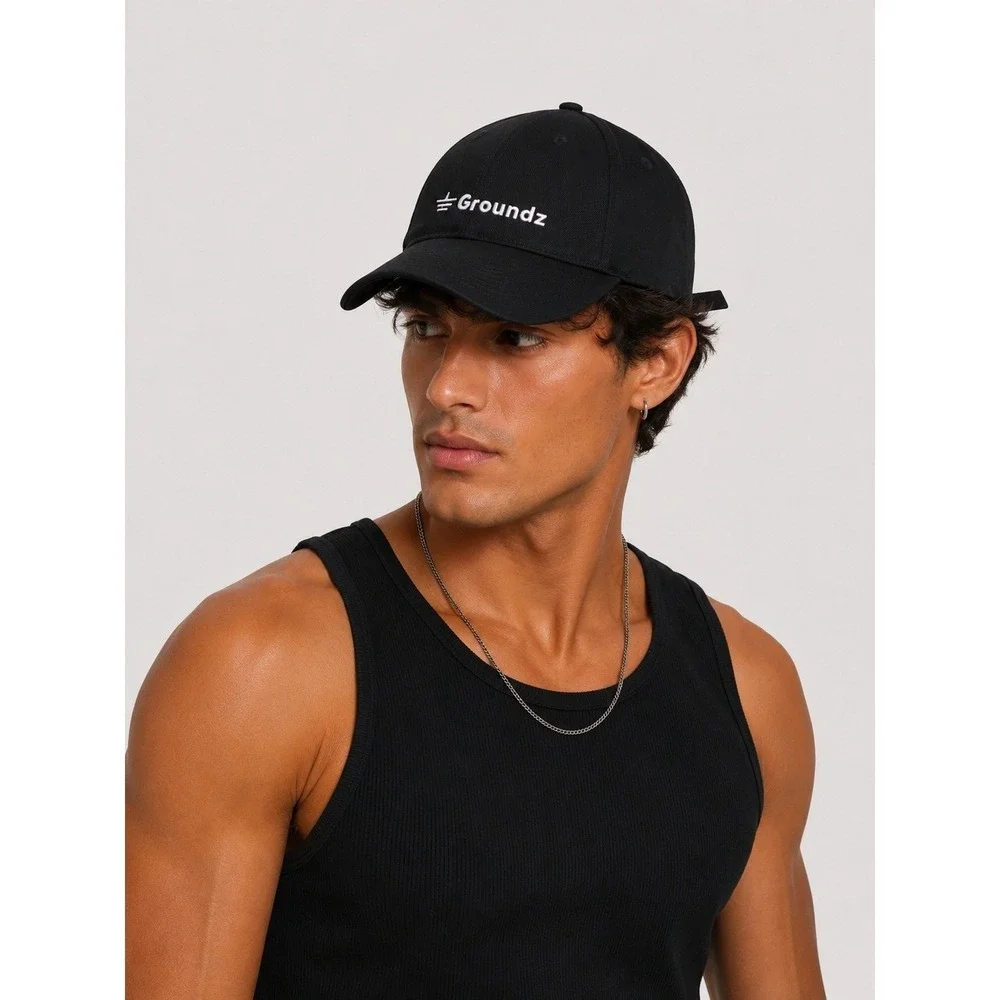 Groundz Mens Black Cotton Embroidered Logo Baseball Cap Snapback Hat New